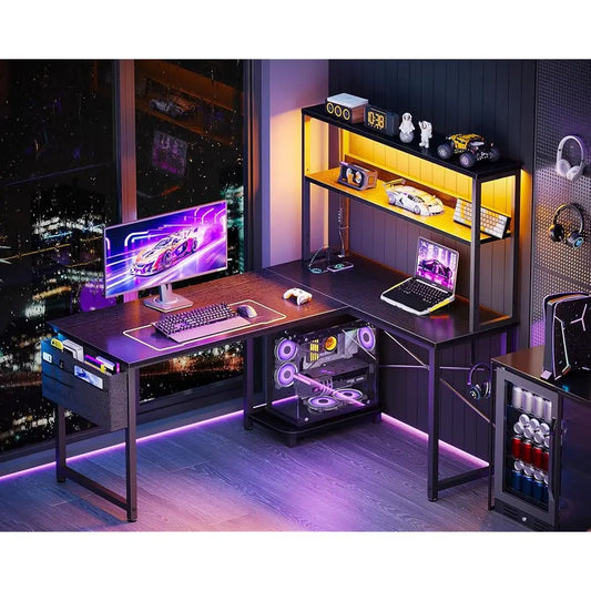 43" L-Shaped Gaming Desk โ Reversible Corner Desk with LED Lighting, Power Outlets & Storage Shelves