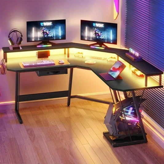 Gaming Corner Desk โ L-Shaped Computer Desk with RGB LED Lights & Built-In Power Outlets